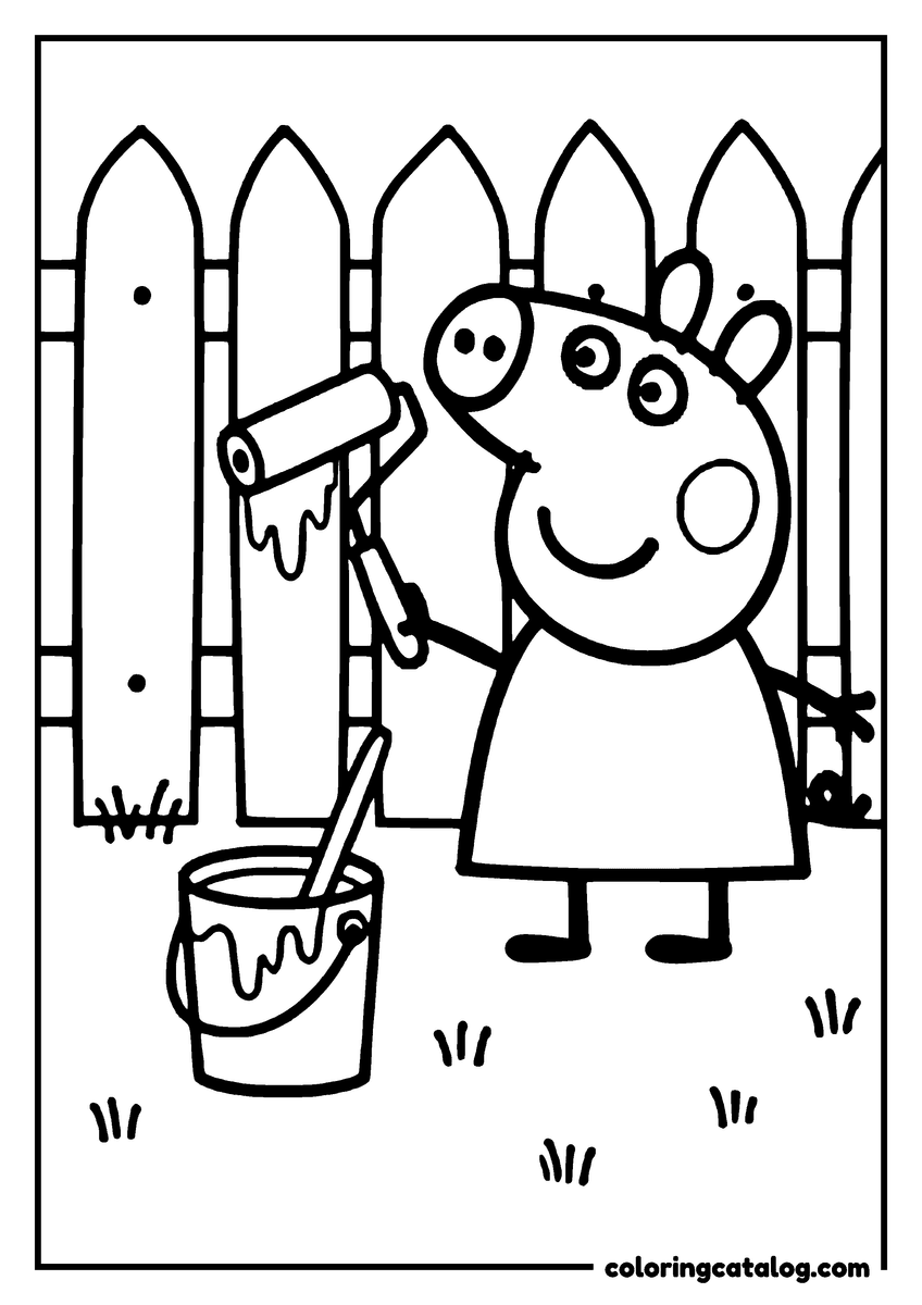 Printable coloring page: Peppa Pig is painting a fence with a paint roller and a bucket of paint