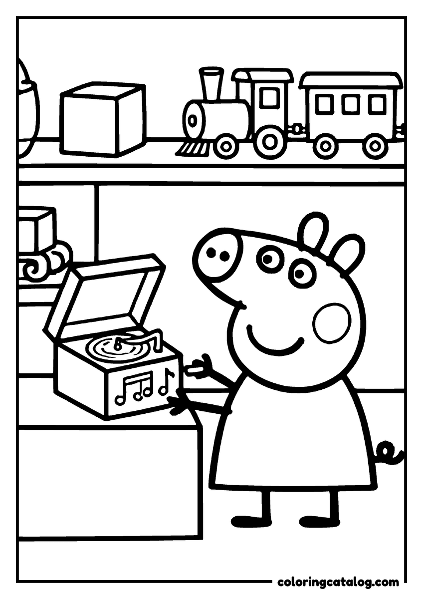 Free printable coloring sheet: Peppa Pig is playing a record player in her room with a toy train on the shelf