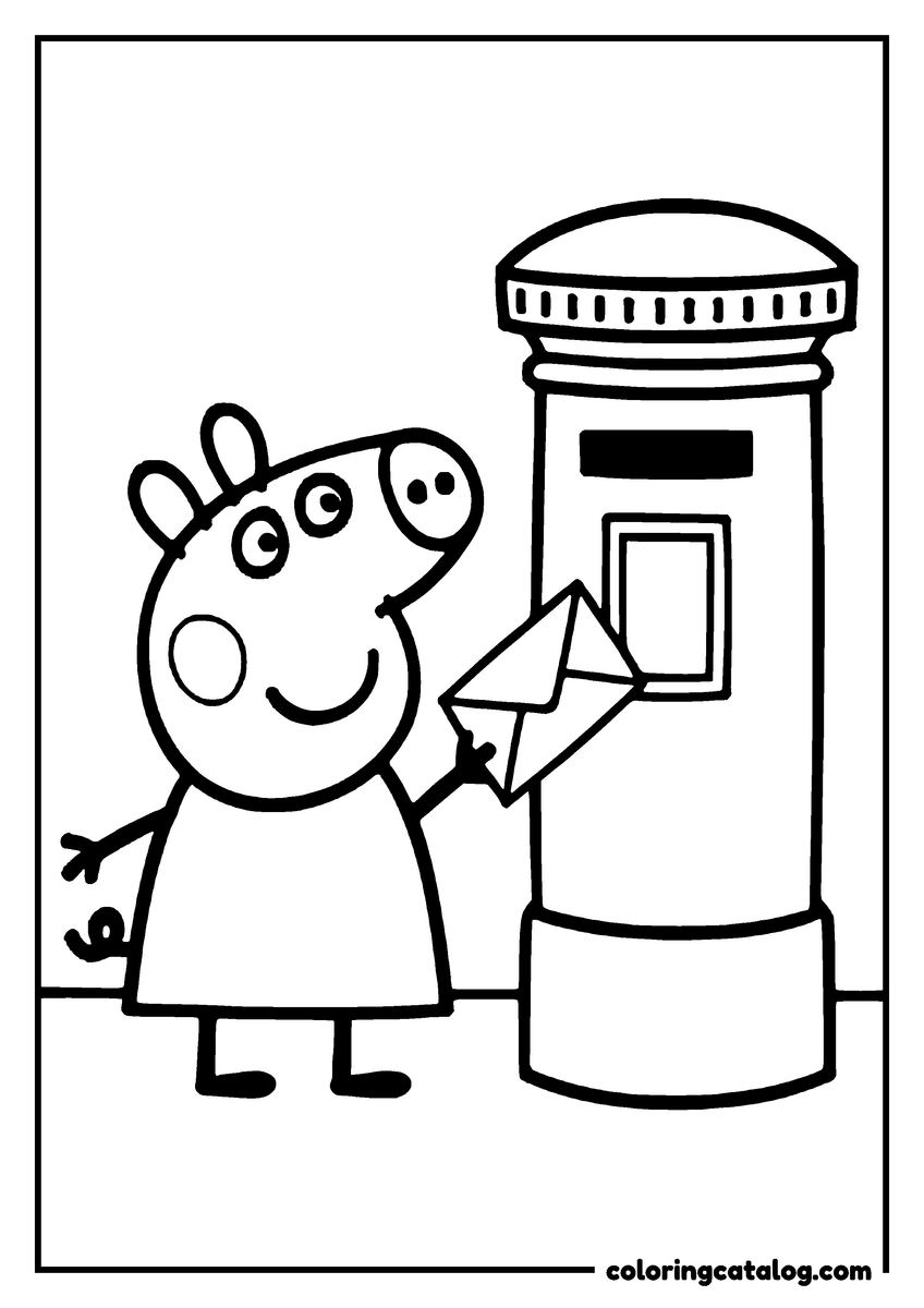 Free printable coloring sheet: Peppa Pig is posting a letter in a mailbox
