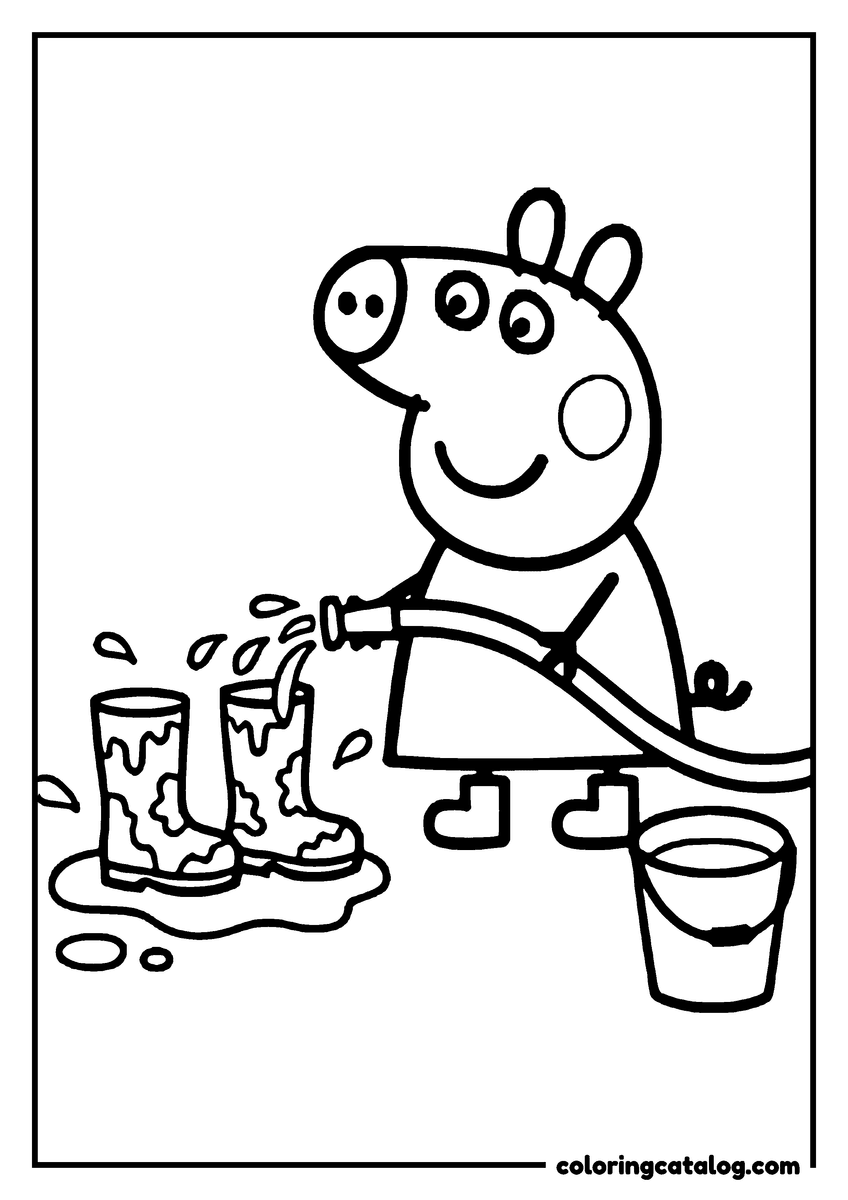 Printable coloring page: Peppa Pig is pouring water from a hose into muddy boots, with a small bucket nearby