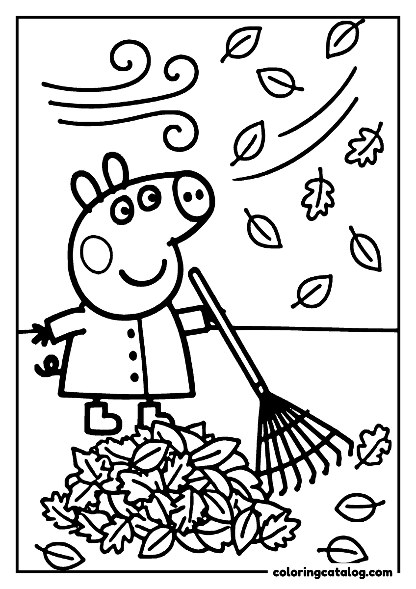 Printable coloring page: Peppa Pig is raking leaves in the autumn setting