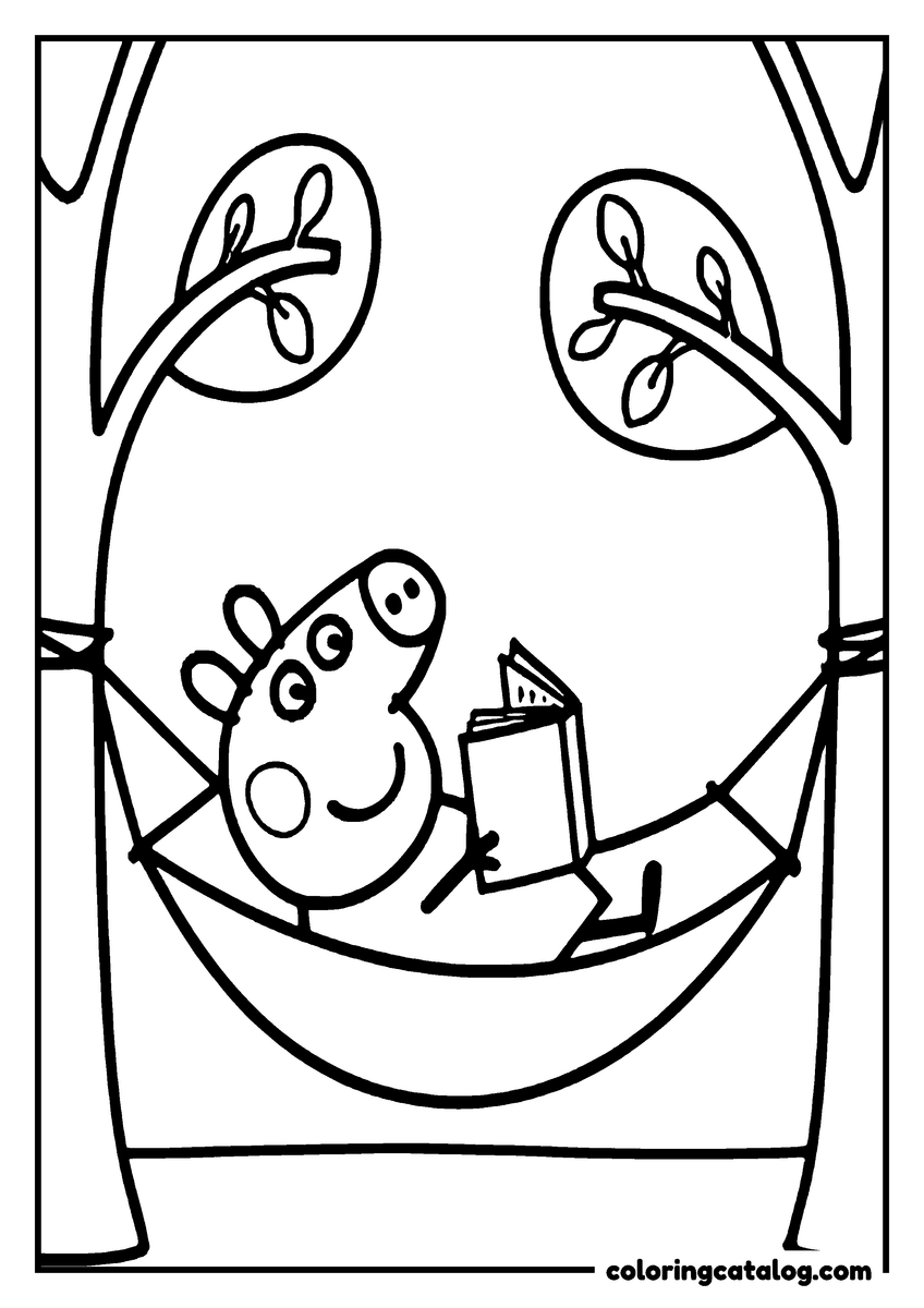 Printable coloring page: Peppa Pig is reading a book in a hammock under a tree