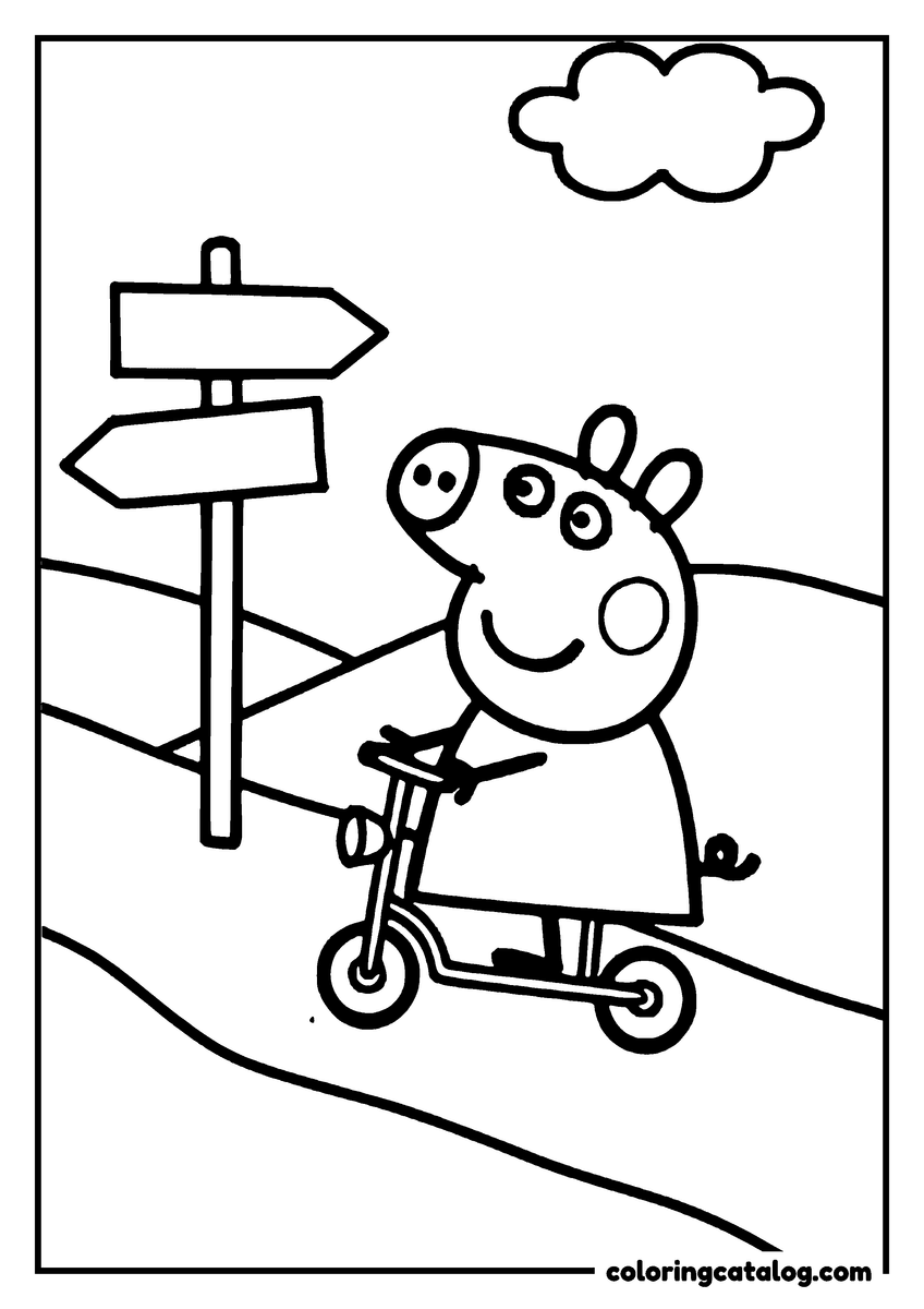 Printable coloring page: Peppa Pig is riding a scooter on a path with a signpost and a cloud in the sky