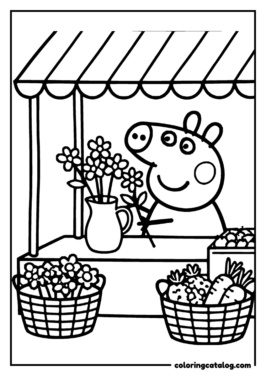 Free printable coloring sheet: Peppa Pig is selling flowers at a market stall with baskets of vegetables nearby