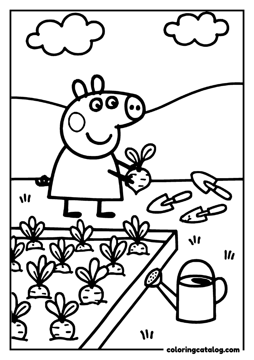Free printable coloring sheet: Peppa Pig holding a root vegetable beside a full vegetable bed, trowels and a watering can nearby