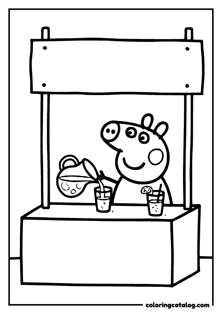 Free printable coloring sheet: Peppa Pig pouring lemonade from a jug into a glass at a stand with a blank sign