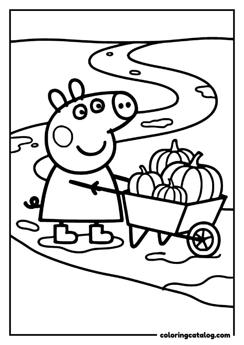Printable coloring page: Peppa Pig pulling a wheelbarrow full of pumpkins through a muddy field