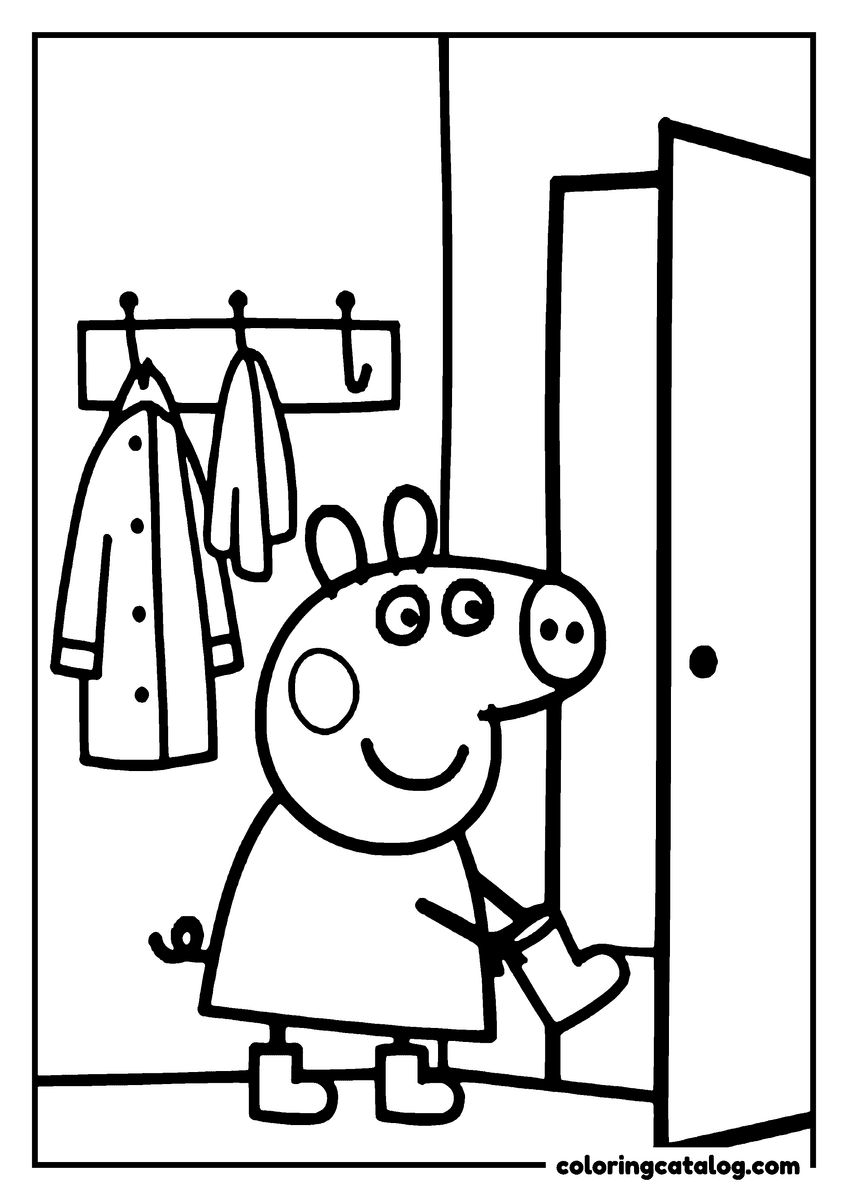 Coloring page: Peppa Pig pulling on a rain boot by an open door, coats hanging on a rack behind