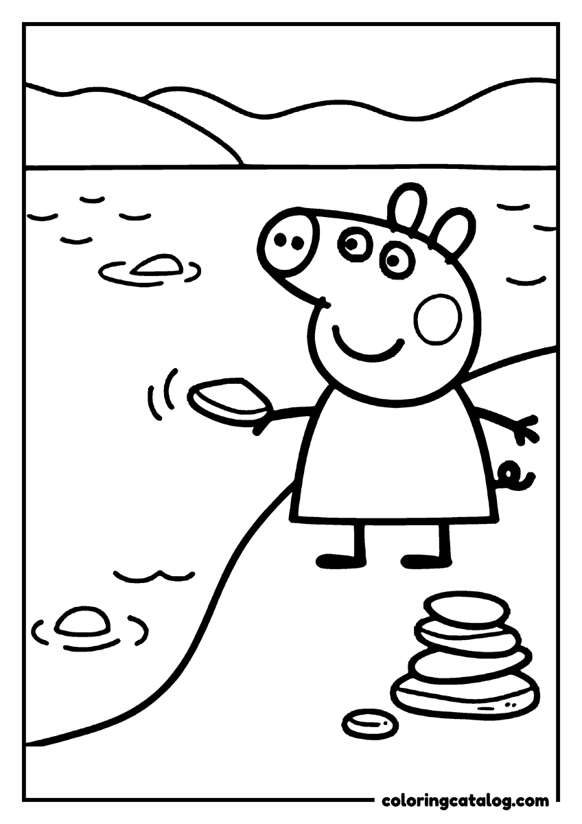 Coloring page: Peppa Pig skipping a flat stone across a lake, a stack of pebbles on the shore