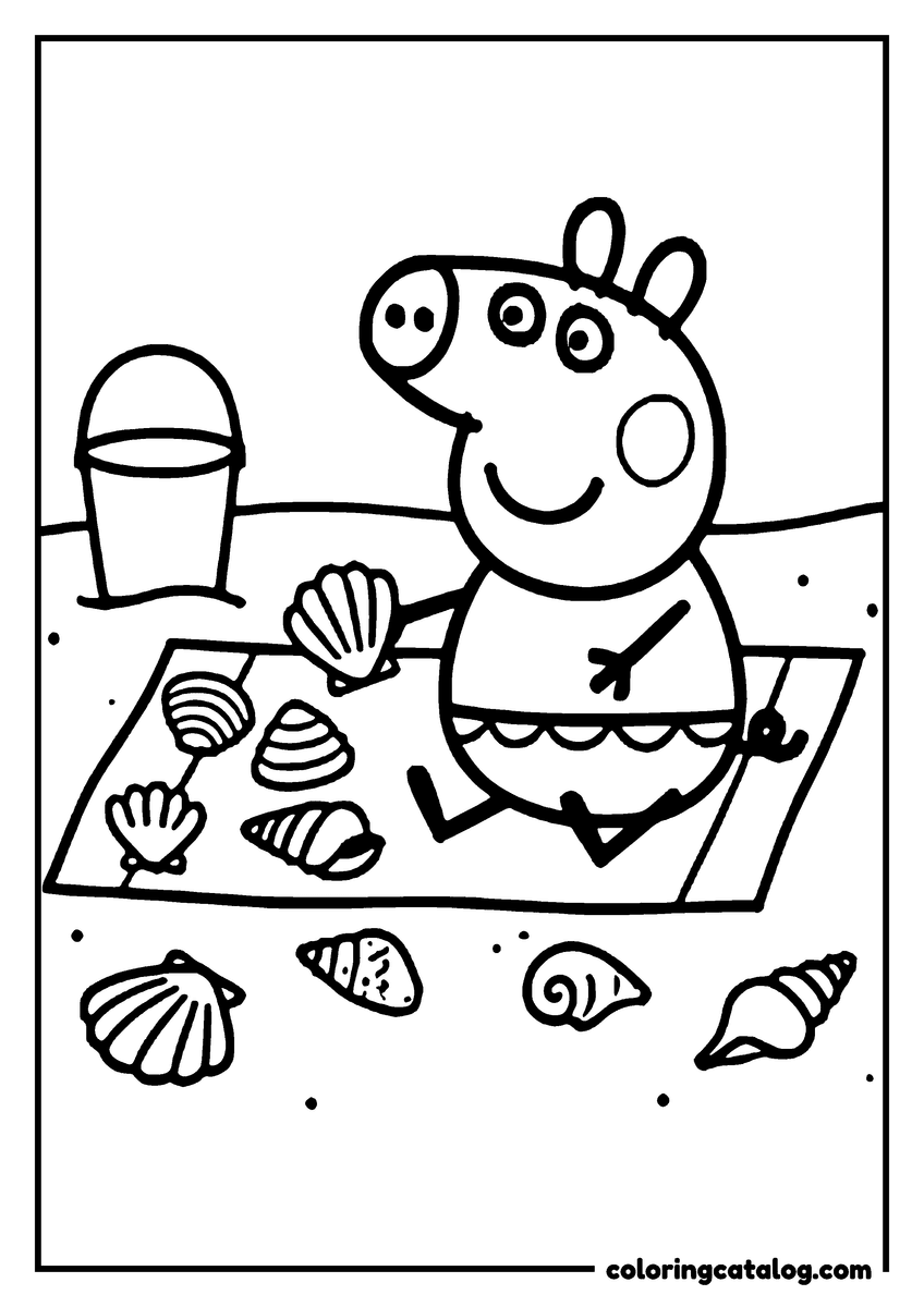 Coloring page: Peppa Pig sorting seashells on a beach towel, a bucket in the sand behind her