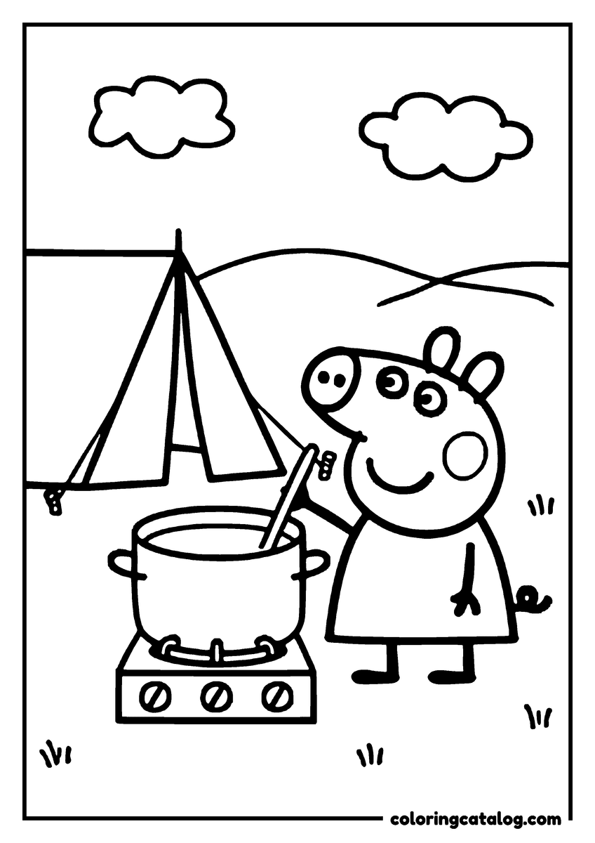 Coloring page: Peppa Pig stirring a big pot on a camp stove outside a tent, hills behind