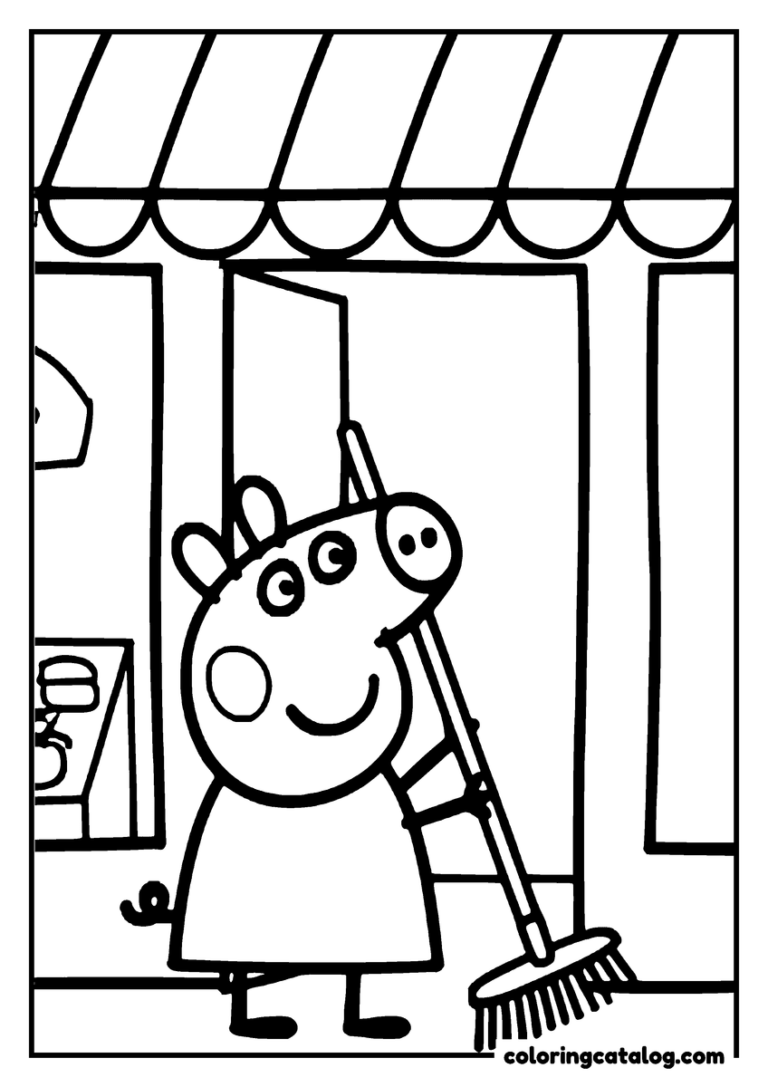 Coloring page: Peppa Pig sweeping the floor inside a shop, under the awning over the door