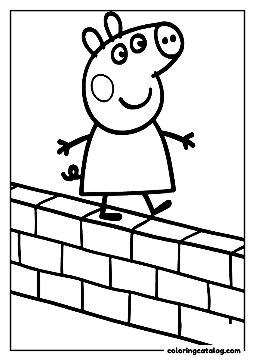 Printable coloring page: Peppa Pig walking along the top of a low brick wall, arms out for balance