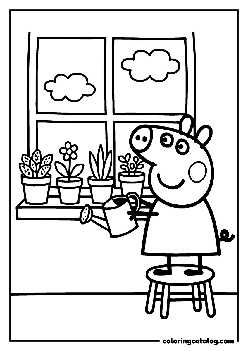 Free printable coloring sheet: Peppa Pig watering plants in front of a window with clouds