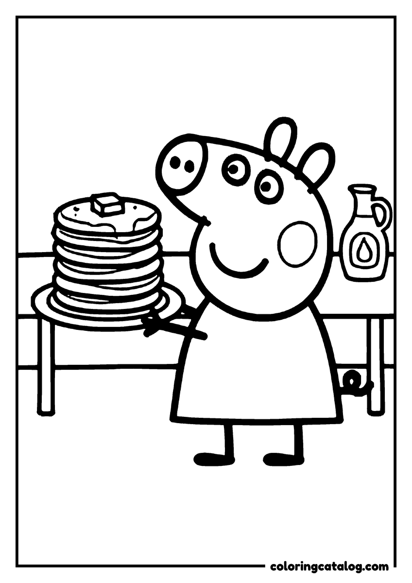 Printable coloring page: Peppa Pig at a table with a tall stack of pancakes topped with butter, a jug of syrup behind