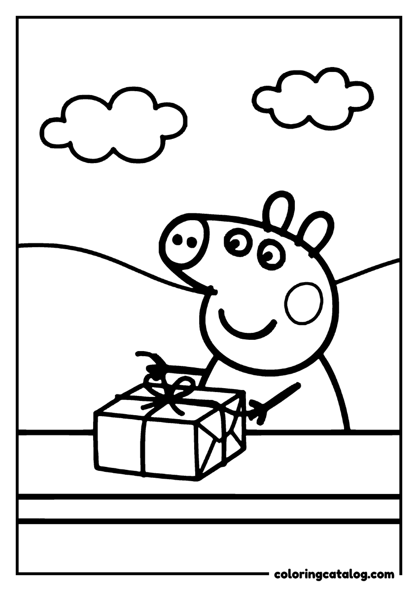 Coloring page: Peppa Pig at a table with a wrapped present tied with a bow, clouds in the sky