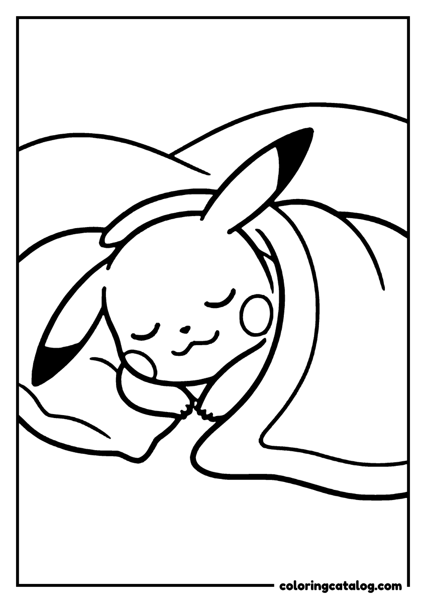 Printable coloring page: A cute Pikachu is sleeping peacefully, tucked in a cozy blanket, with its eyes closed and a gentle smile on its face