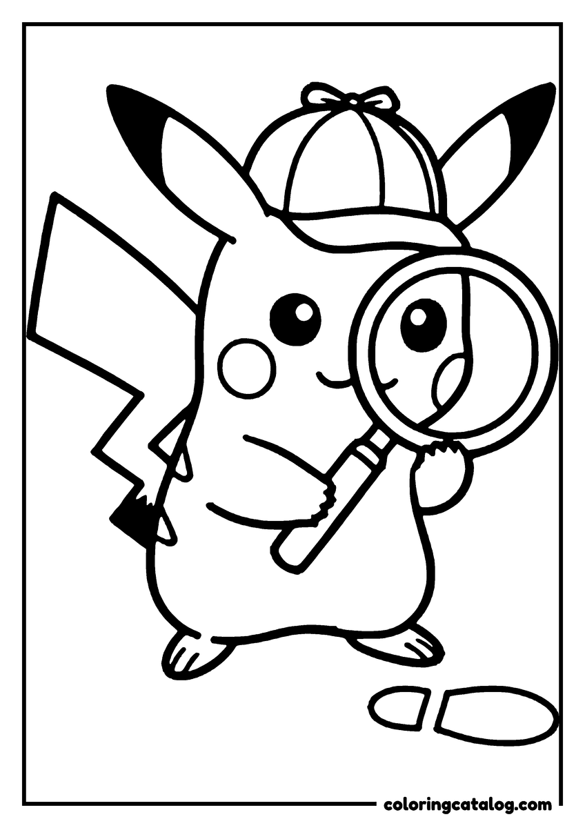 Printable coloring page: A detective Pikachu holding a magnifying glass, wearing a hat, and looking for clues
