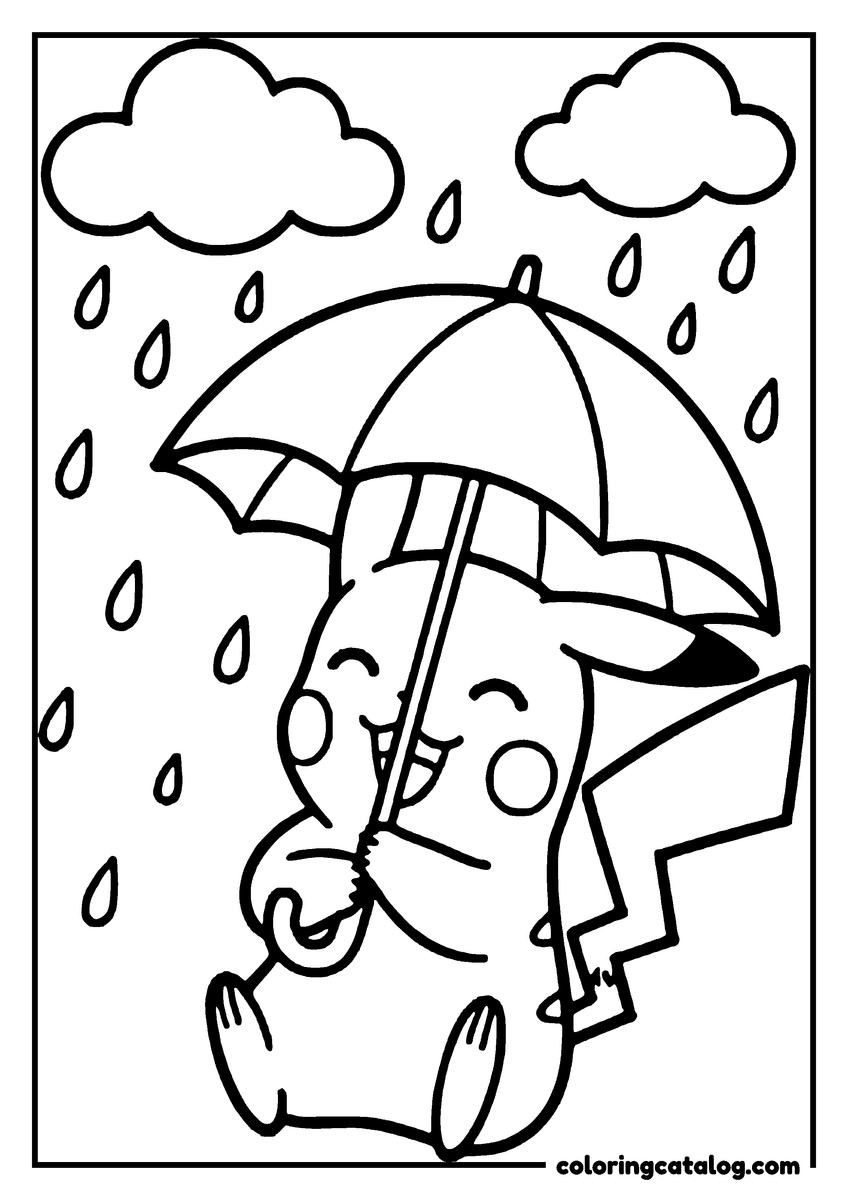 Coloring page: Pikachu walking in the rain under an umbrella, smiling, with raindrops falling from two clouds