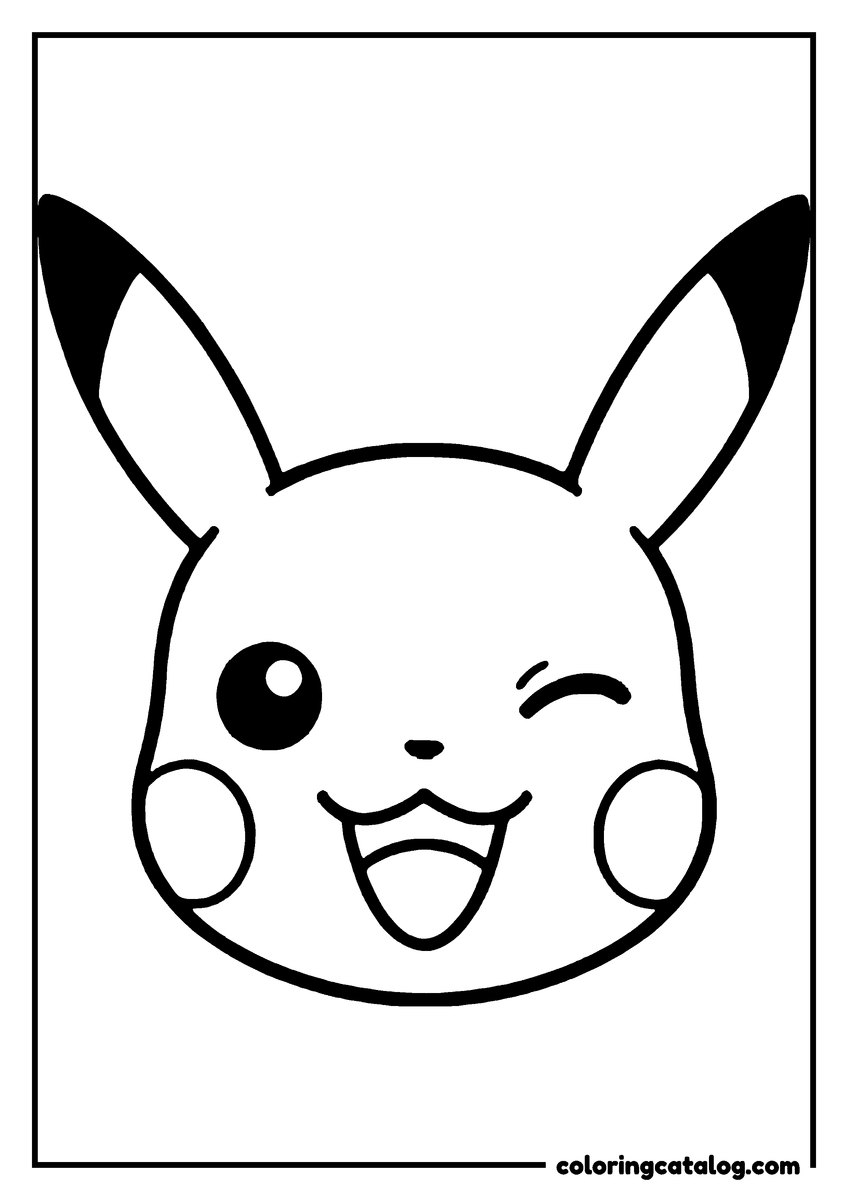 Free printable coloring sheet: Pikachu, a Pokémon, and it is winking with a happy expression