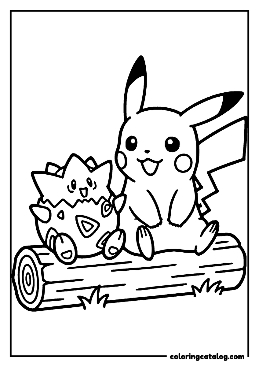Free printable coloring sheet: Pikachu and a small, round, happy creature are sitting on a log in a grassy area