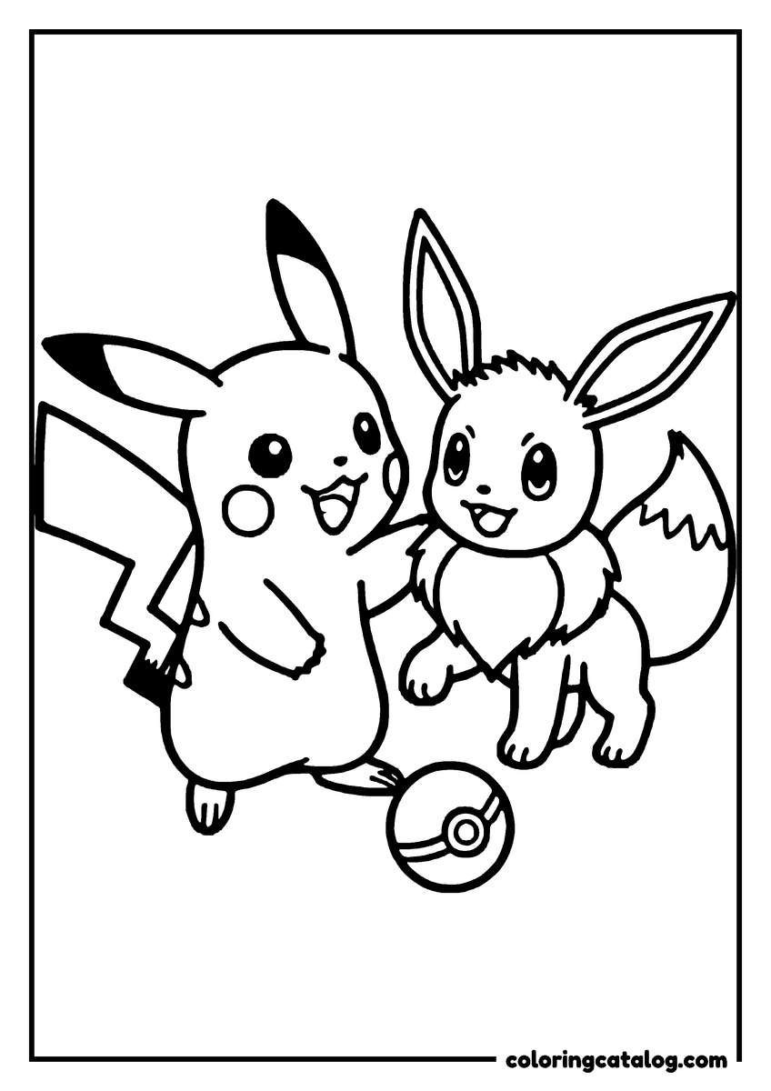 Free printable coloring sheet: Pikachu and Eevee are holding a Poké Ball together, ready for adventure