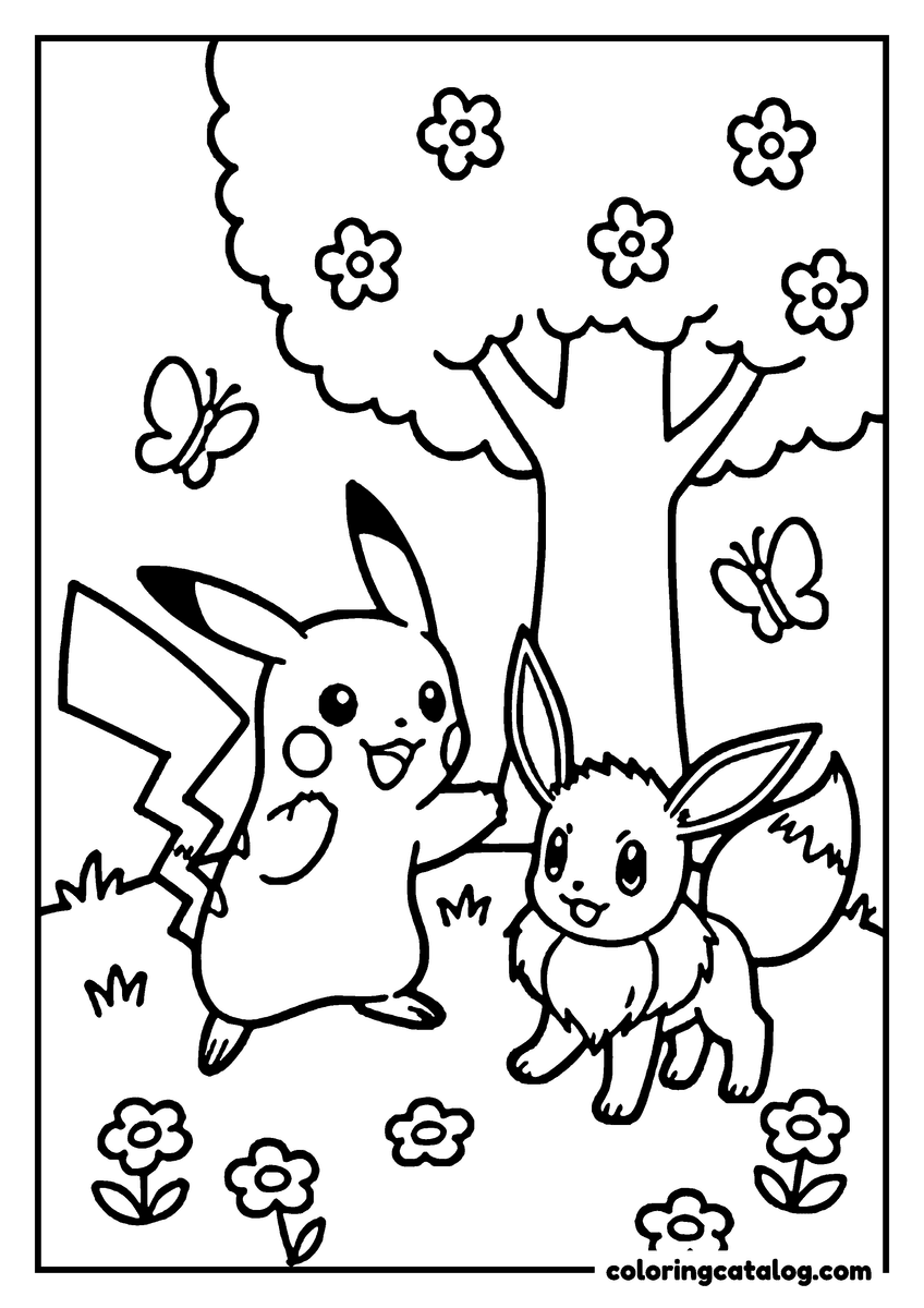 Coloring page: Pikachu and Eevee are playing under a tree with butterflies and flowers