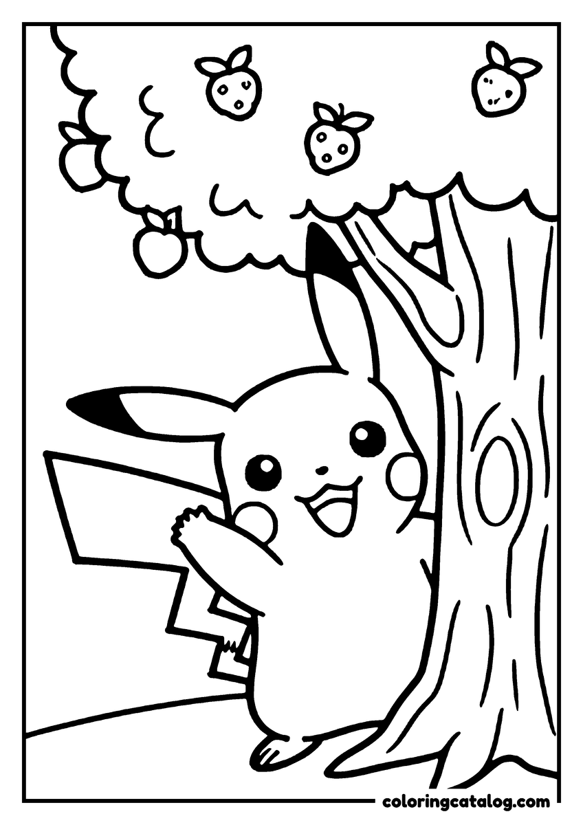 Coloring page: Pikachu climbing a tree, reaching for apples, happy expression