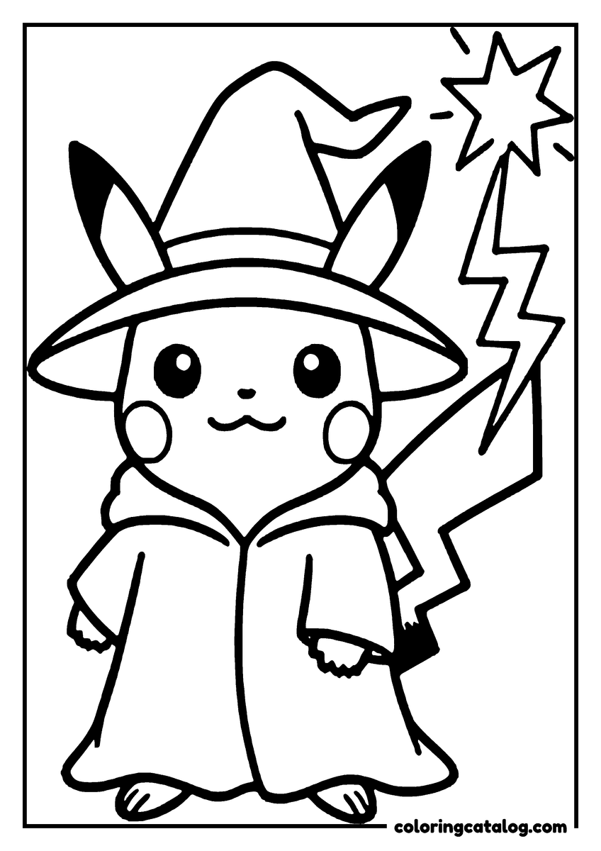 Free printable coloring sheet: Pikachu dressed as a wizard, holding a lightning bolt, in a black and white coloring page