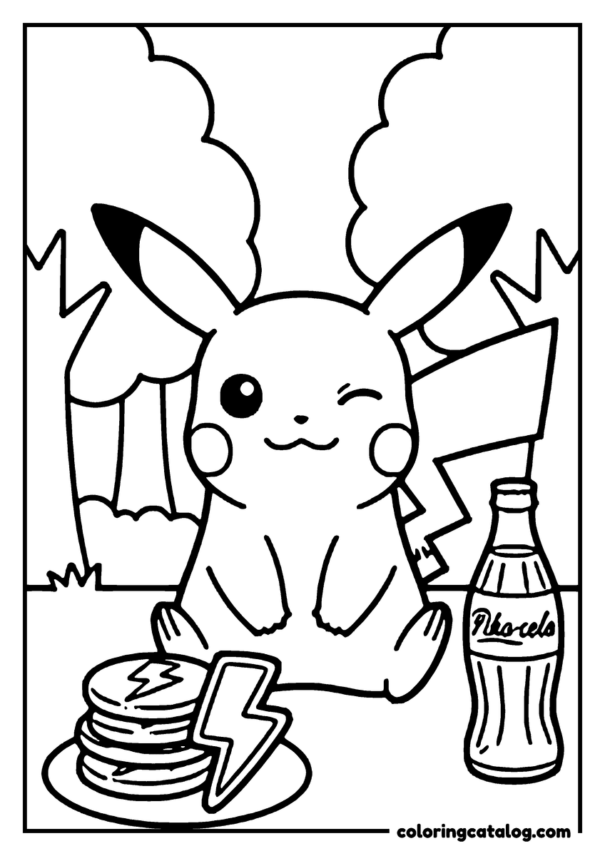 Printable coloring page: Pikachu enjoys pancakes and a soda in a forest setting