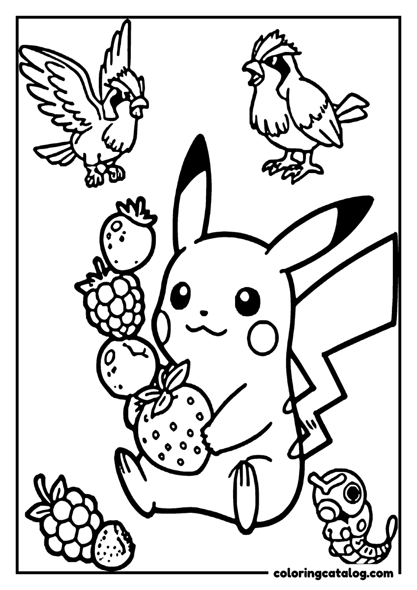 Coloring page: Pikachu holds a bunch of berries, surrounded by two birds and a caterpillar