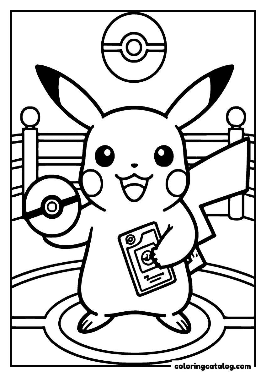Printable coloring page: Pikachu holds a Poké Ball and a card, standing on a stage with a Poké Ball in the background