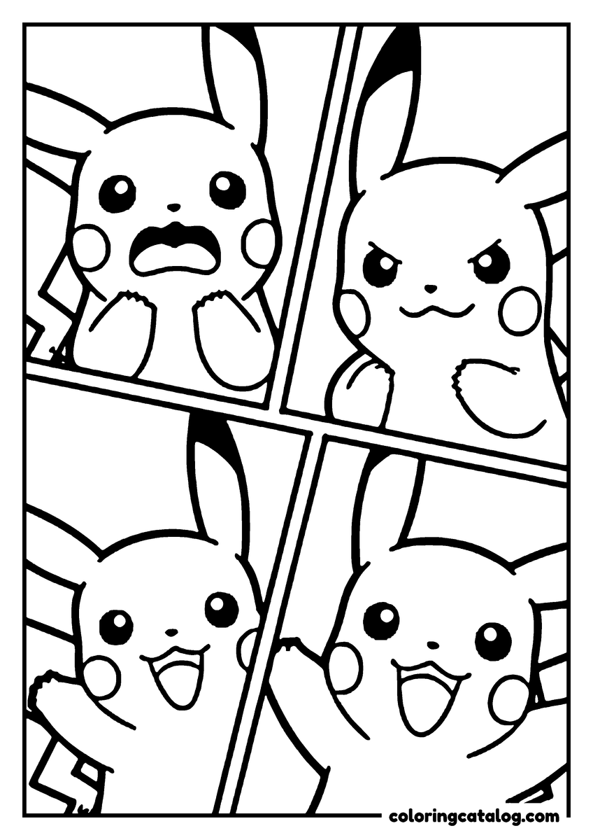 Free printable coloring sheet: Pikachu in a comic strip, expressing different emotions, with a simple background