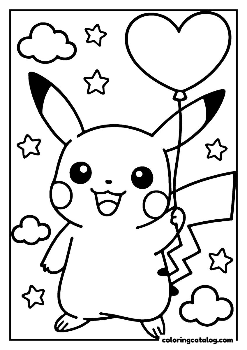 Printable coloring page: Pikachu is happily holding a heart-shaped balloon in a starry sky