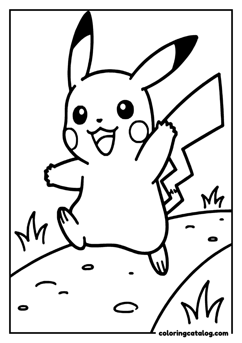Coloring page: Pikachu is jumping in the air, holding a leaf, with grass at the bottom