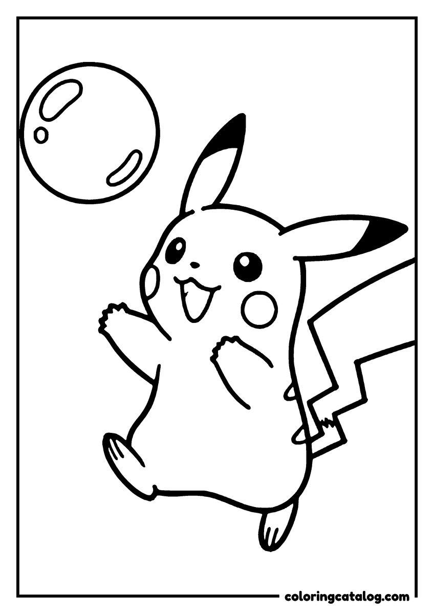 Printable coloring page: Pikachu is jumping in the air, holding a Poké Ball, with a question mark floating above
