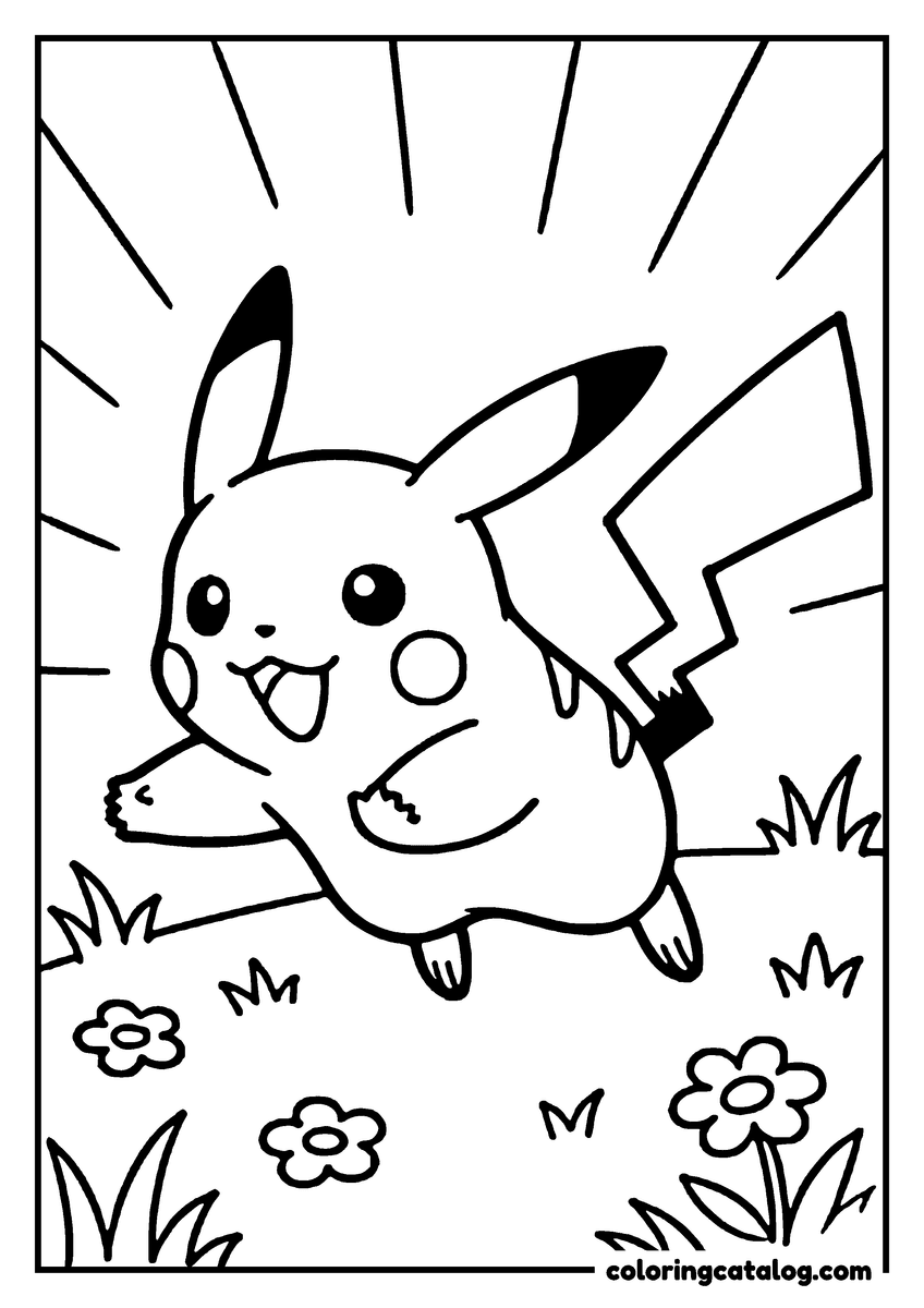 Printable coloring page: Pikachu is jumping in the air with lightning bolts, surrounded by flowers and grass