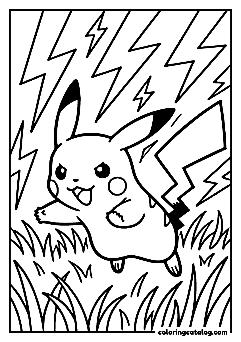 Coloring page: Pikachu is jumping in the grass, surrounded by lightning bolts