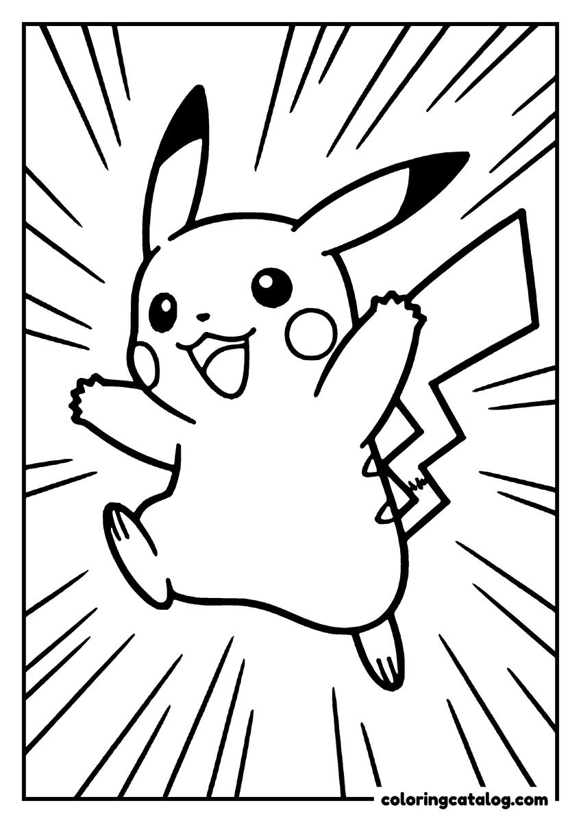 Printable coloring page: Pikachu is jumping joyfully, surrounded by dynamic lines suggesting motion