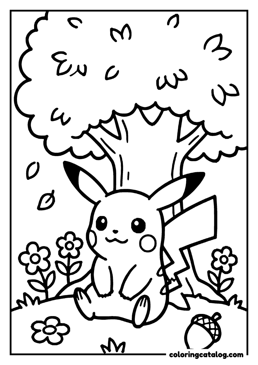 Printable coloring page: Pikachu sits in a field of flowers, holding a leaf, with a tree behind it