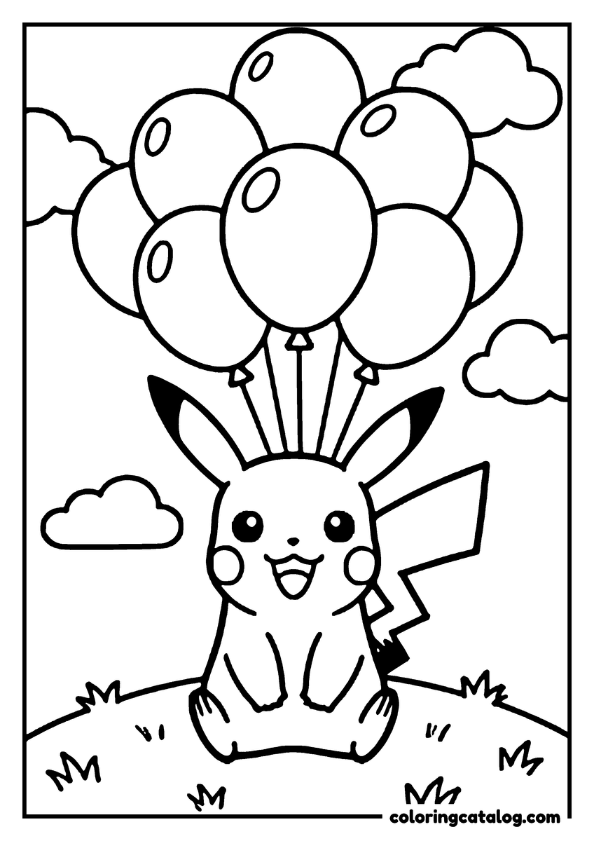 Coloring page: Pikachu sits on grass, holding balloons, with clouds in the sky