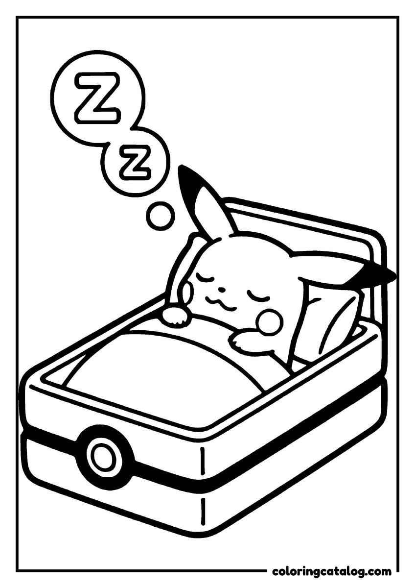 Free printable coloring sheet: Pikachu sleeping in a Poké Ball, with Z's above its head