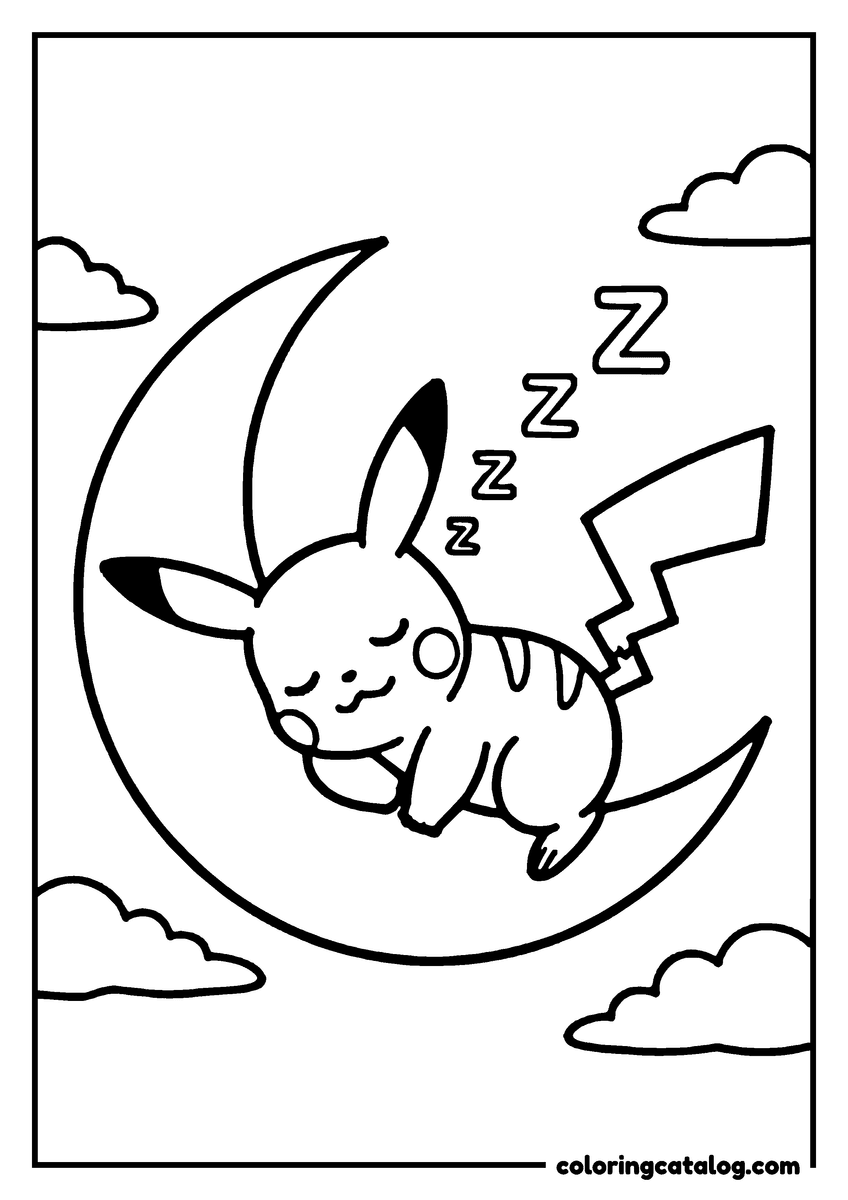 Coloring page: Pikachu sleeping on a crescent moon with clouds around