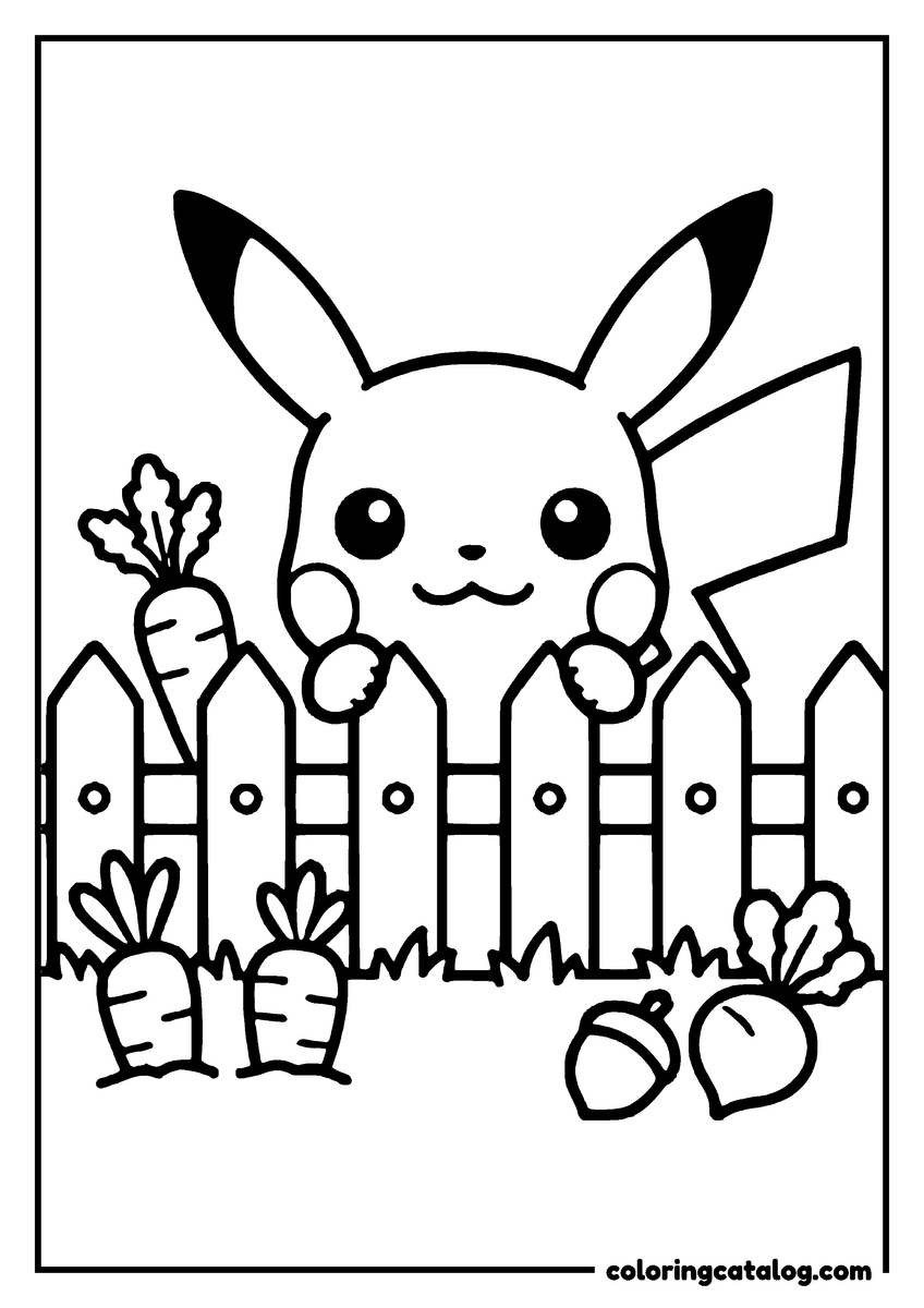 Printable coloring page: Pikachu stands behind a fence, holding carrots and looking content
