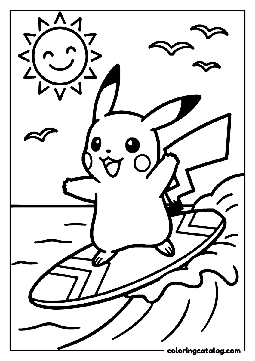 Free printable coloring sheet: Pikachu surfing on a wave in the ocean, with a smiling sun and flying seagulls above