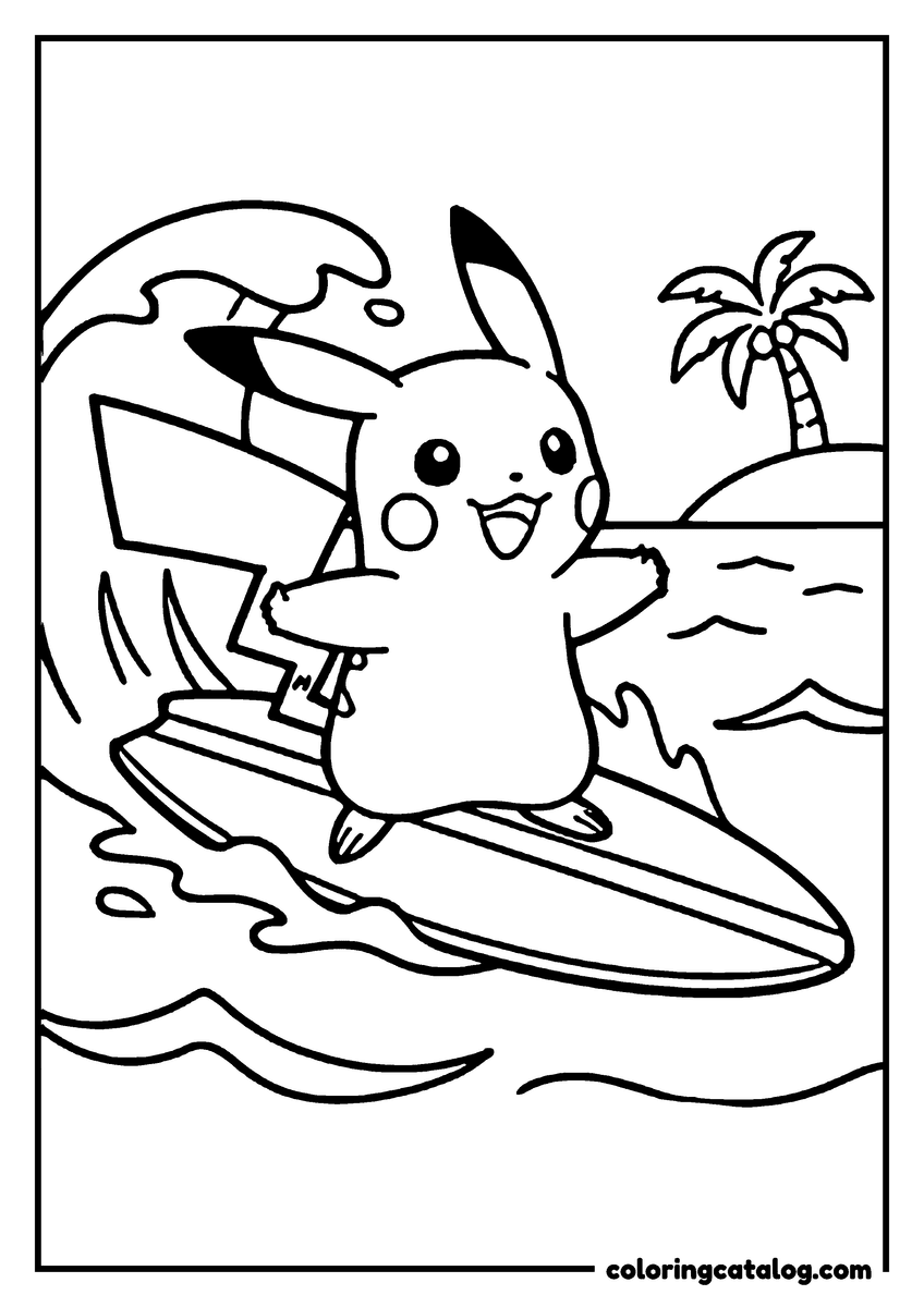 Coloring page: Pikachu surfing on a wave, palm tree in the background