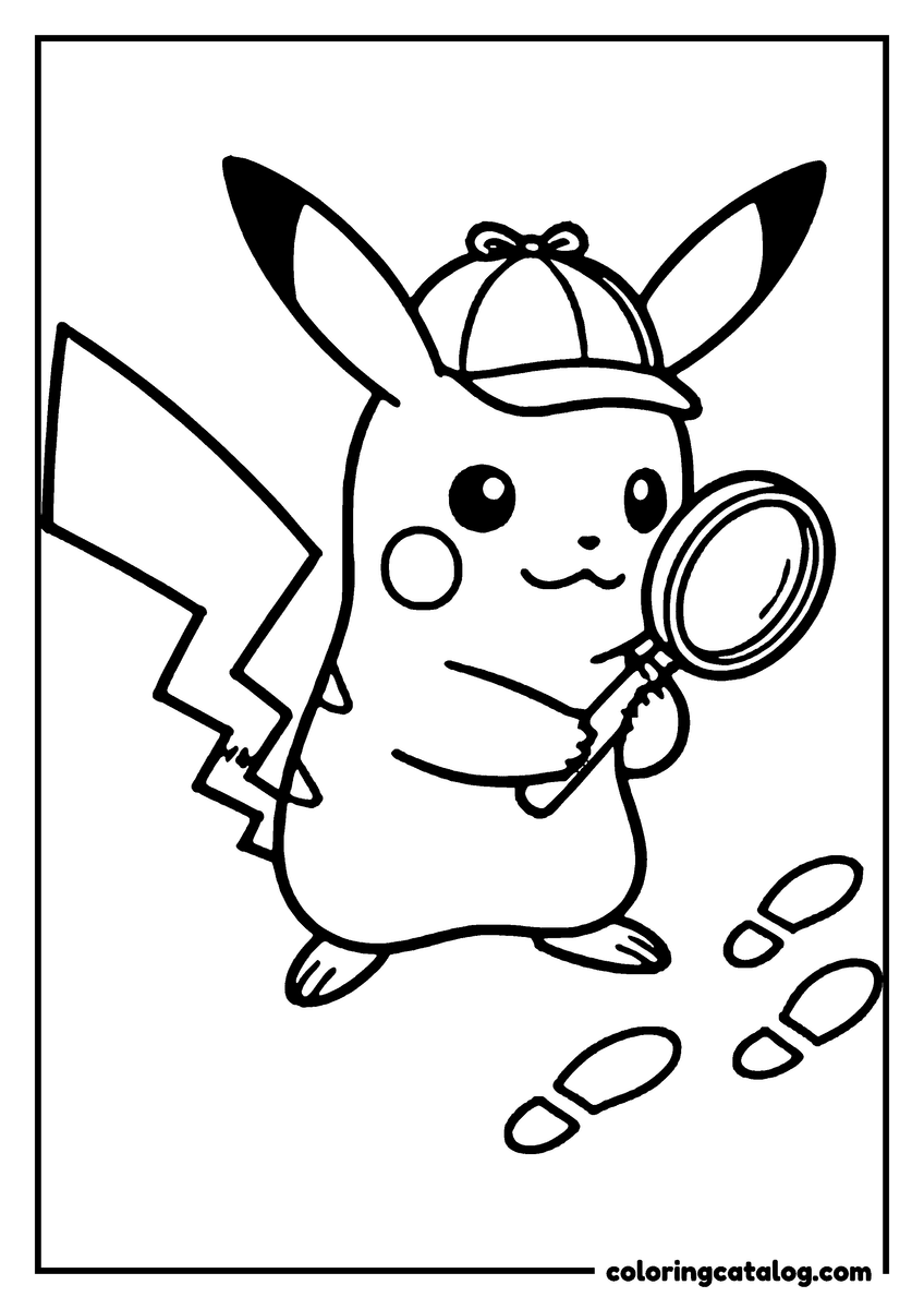 Free printable coloring sheet: Pikachu, wearing a detective hat, holds a magnifying glass, looking for clues