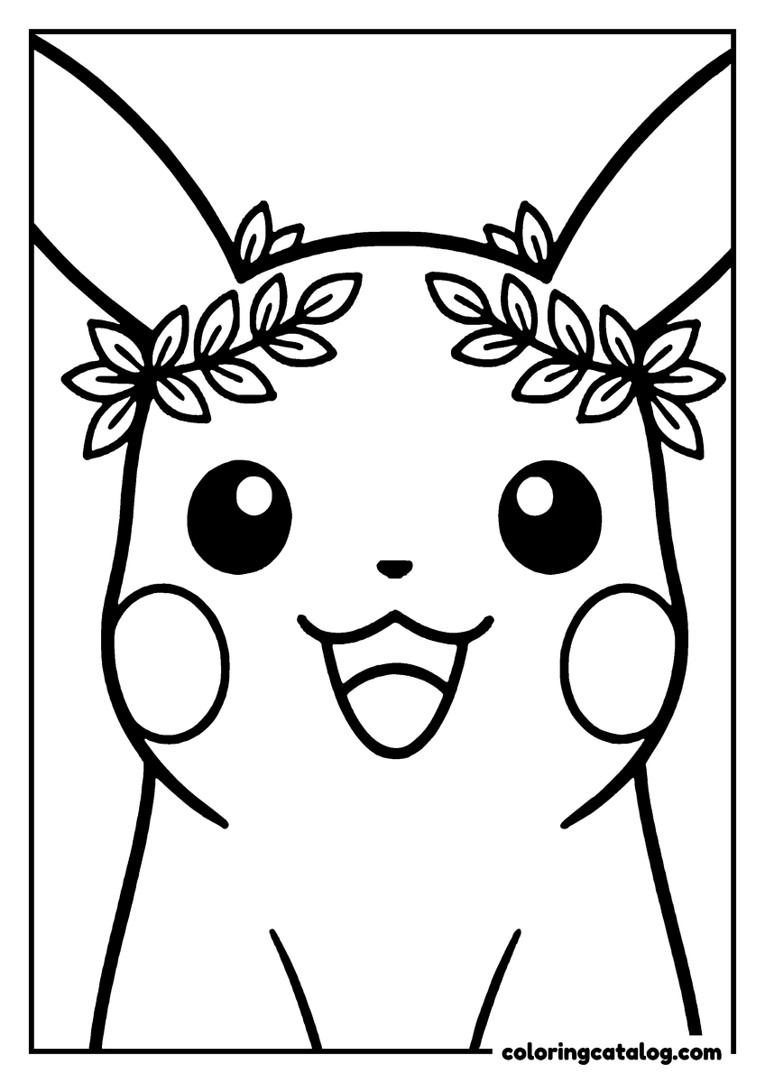 Printable coloring page: Pikachu wearing a flower crown, smiling, and waving with one hand