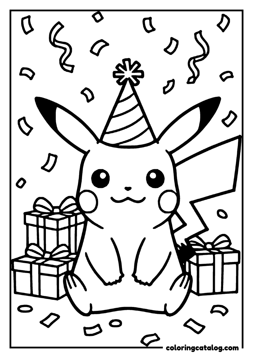 Printable coloring page: Pikachu wearing a party hat, holding presents, surrounded by confetti