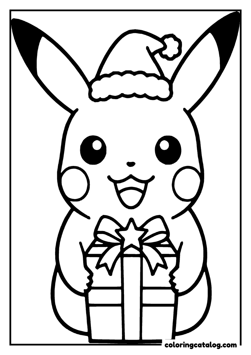 Printable coloring page: Pikachu wearing a Santa hat holds a Christmas present